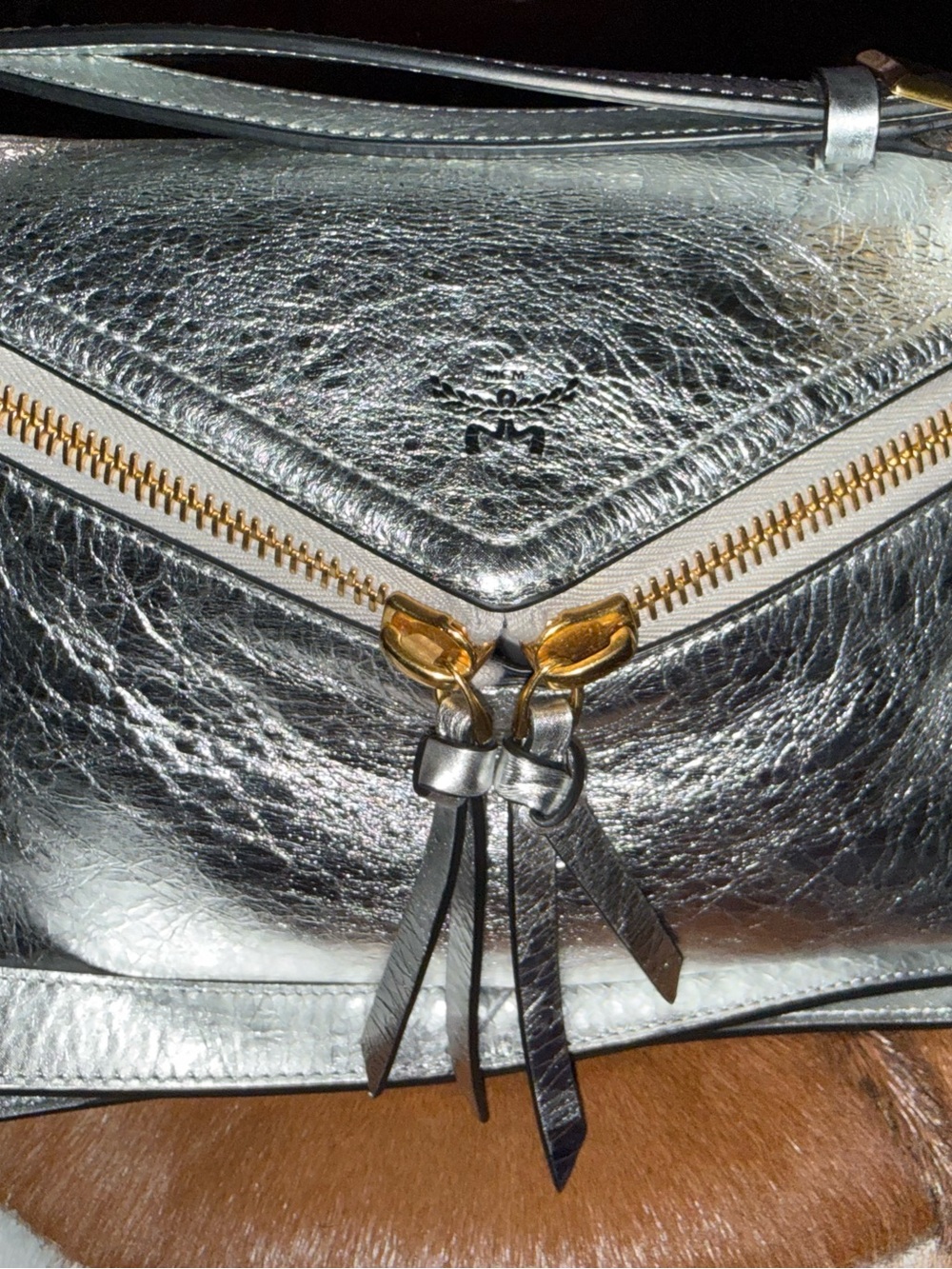 MCM Silver Metallic Crossbody with Gold Hardware
